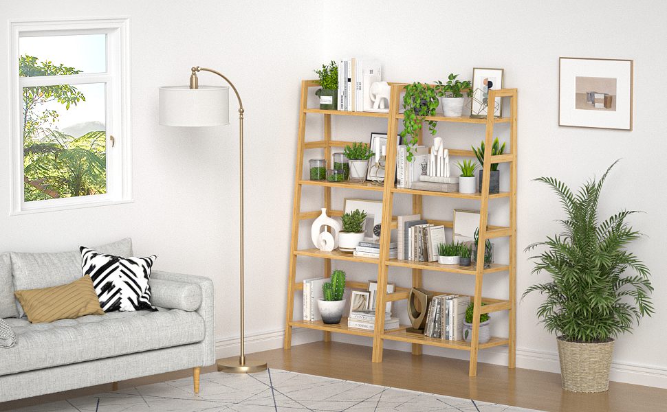 Homykic 4 Tier Bamboo Bookshelf Ladder Shelf Bathroom