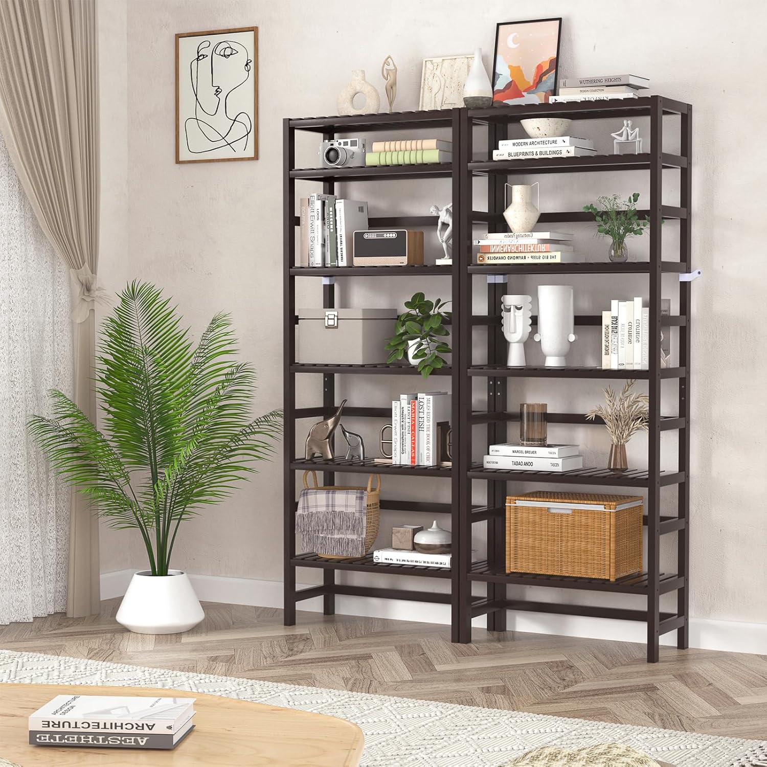 Homykic 6-Tier Bamboo Bookshelves and Bookcases, Adjustable 63.4”Tall Shallow Book Shelf Organizer Rack, Freestanding Storage Shelving Unit for Living Room