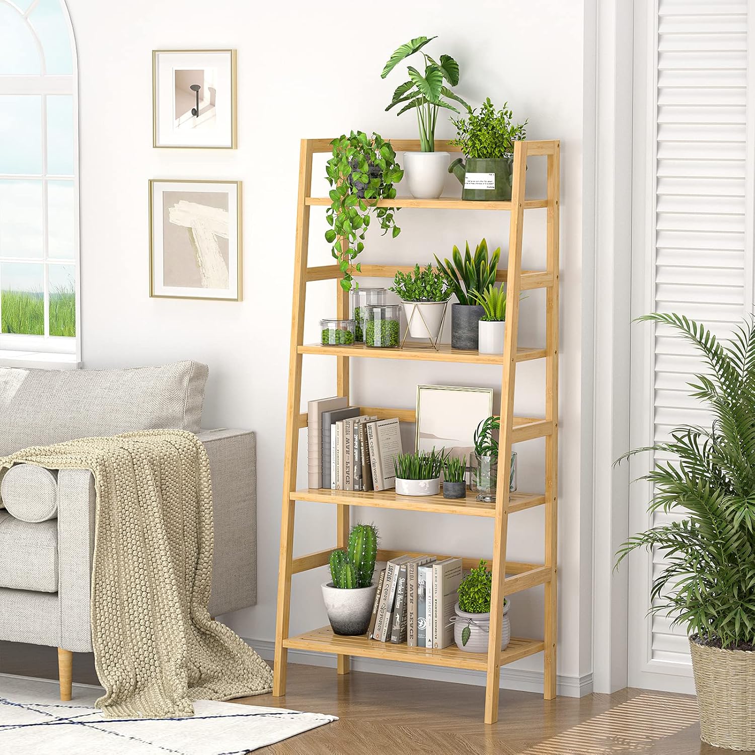Homykic Bamboo Bookshelf 4-Tier Ladder Shelf, 49.2” Freestanding Open Bookcase Book Shelf Bathroom Storage Shelf Unit Plant Stand for Small Space