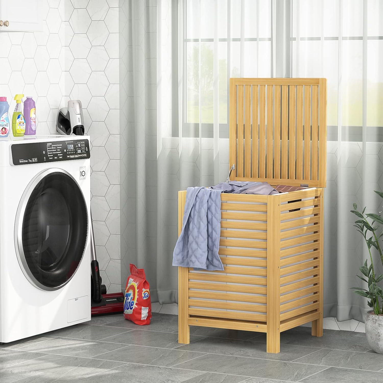 Homykic Bamboo Laundry Hamper with Lid, 120L Large Clothes Laundry Sorter with Removable 2-Section Liner Bag, Raised Laundry Basket Organizer for Clothing