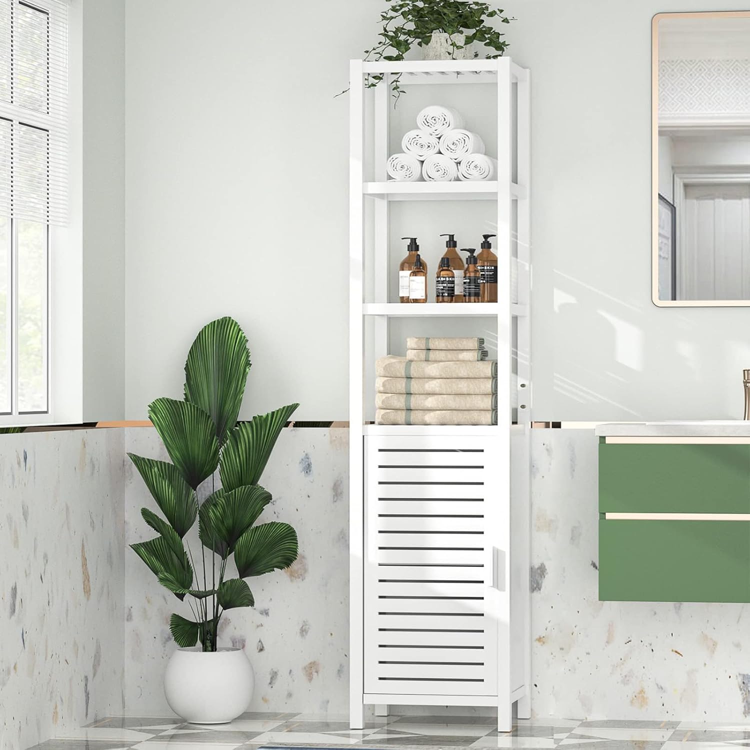 Homykic Bamboo Narrow Bathroom Storage Cabinet, 6-Tier 67 Inch Tall Floor Standing Slim Cabinet Organizer with Shutter Door and Open Shelves for Kitchen
