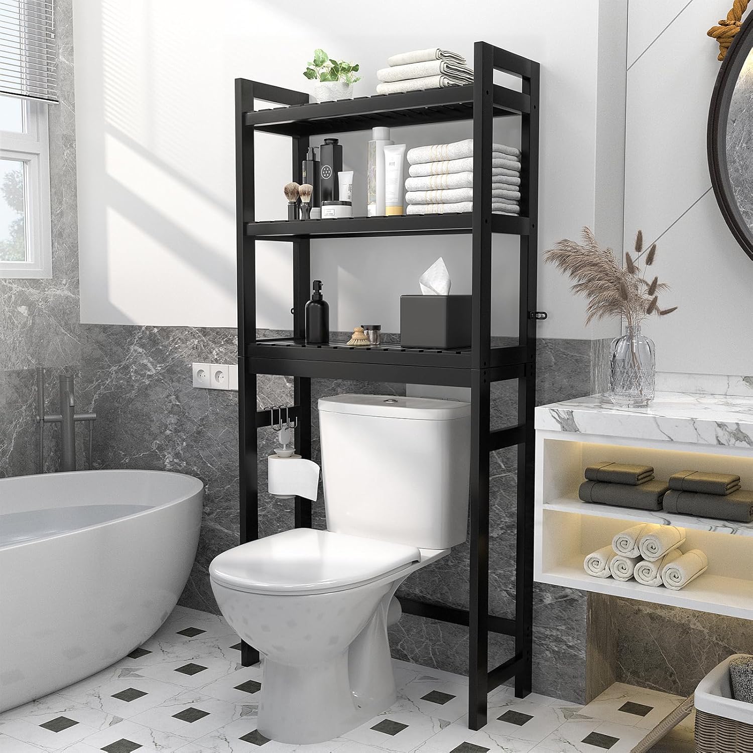 Homykic Bamboo Over The Toilet Storage Shelf, 3-Tier Above Toilet Storage Organizer Rack with 3 Hooks, Freestanding Bathroom Tower Shelf Unit for Small Space