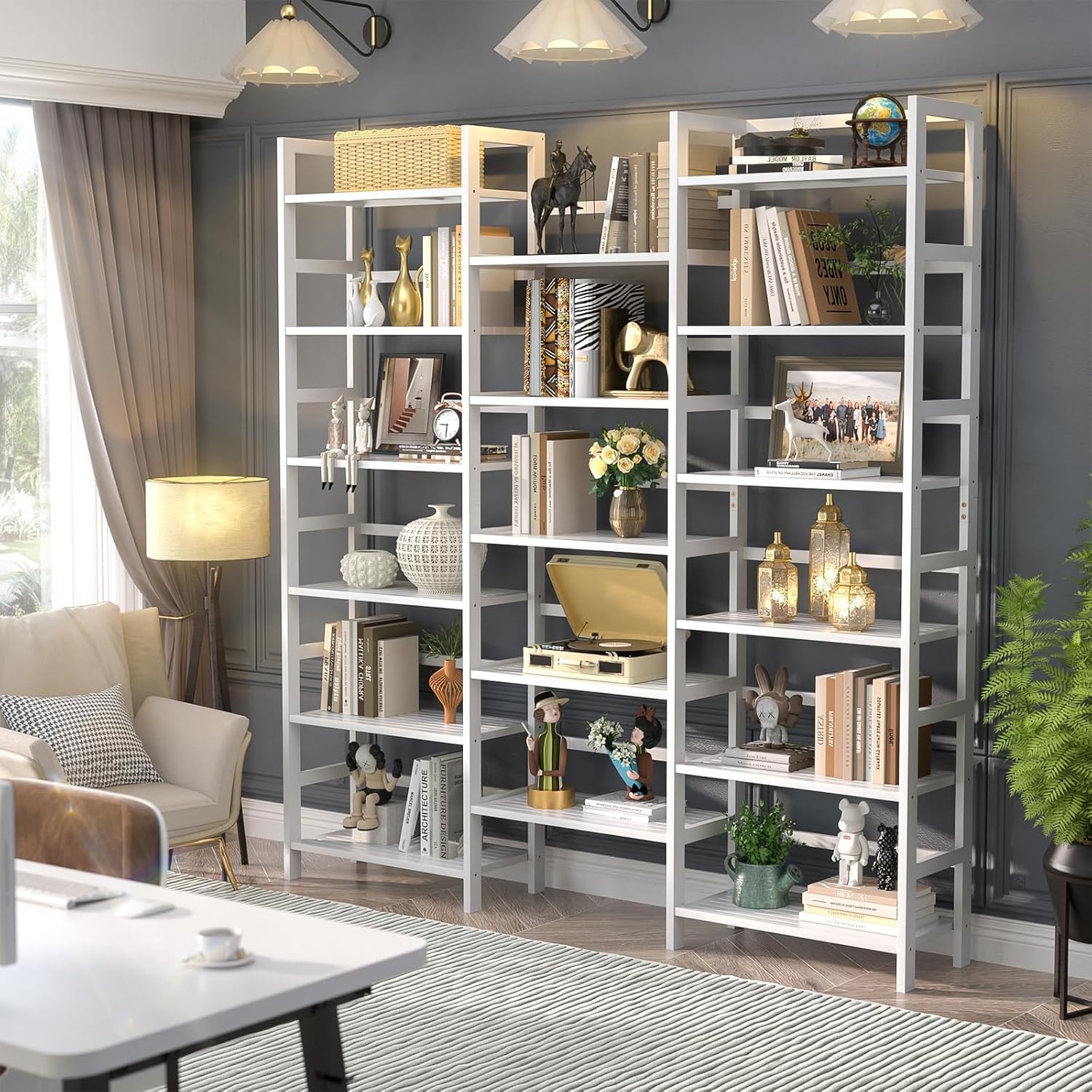 Homykic Bamboo Triple Wide Shallow Bookshelves and Bookcases, 6-Tier 6ft Tall Bookshelf with 17 Open Display Shelves, Super Large Freestanding Book Shelf