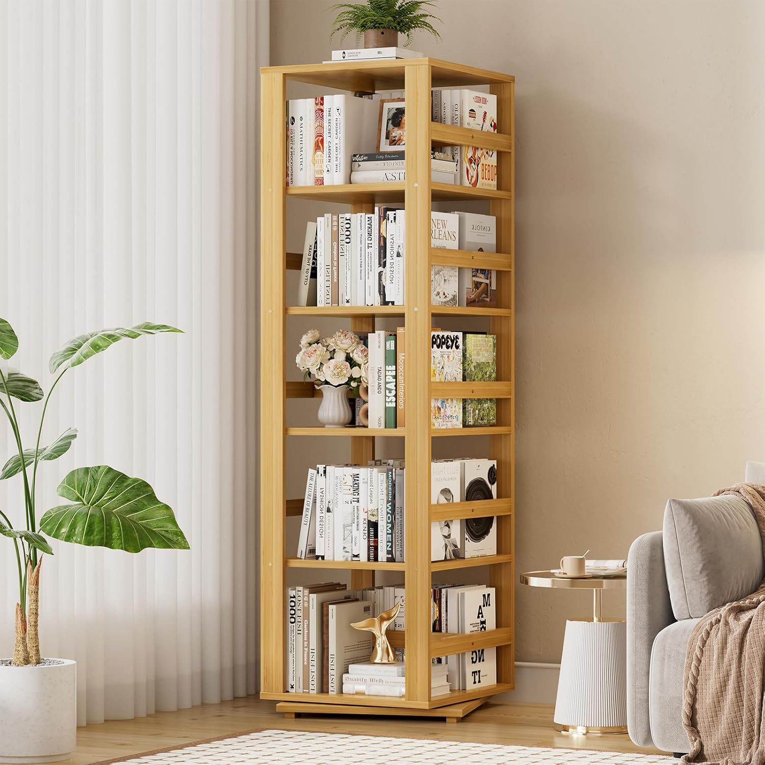 Homykic Rotating Bookshelf, Bamboo 360 Display Spinning Bookshelf Tower, 5-Tier Small Corner Bookcase for Small Spaces, Narrow Revolving Book Shelf